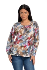Bluza cu maneca lunga, imprimeu cu frunze in nuante de fuchsia/bej/albastru.