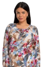 Bluza cu maneca lunga, imprimeu cu frunze in nuante de fuchsia/bej/albastru.
