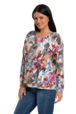 Bluza cu maneca lunga, imprimeu cu frunze in nuante de fuchsia/bej/albastru.