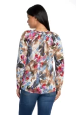 Bluza cu maneca lunga, imprimeu cu frunze in nuante de fuchsia/bej/albastru.