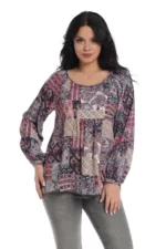 Bluza fluida, din 100% vascoza imprimata in nuante de gri si mov