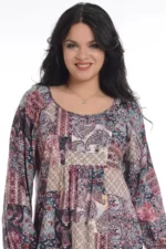 Bluza fluida, din 100% vascoza imprimata in nuante de gri si mov