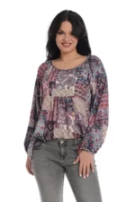 Bluza fluida, din 100% vascoza imprimata in nuante de gri si mov