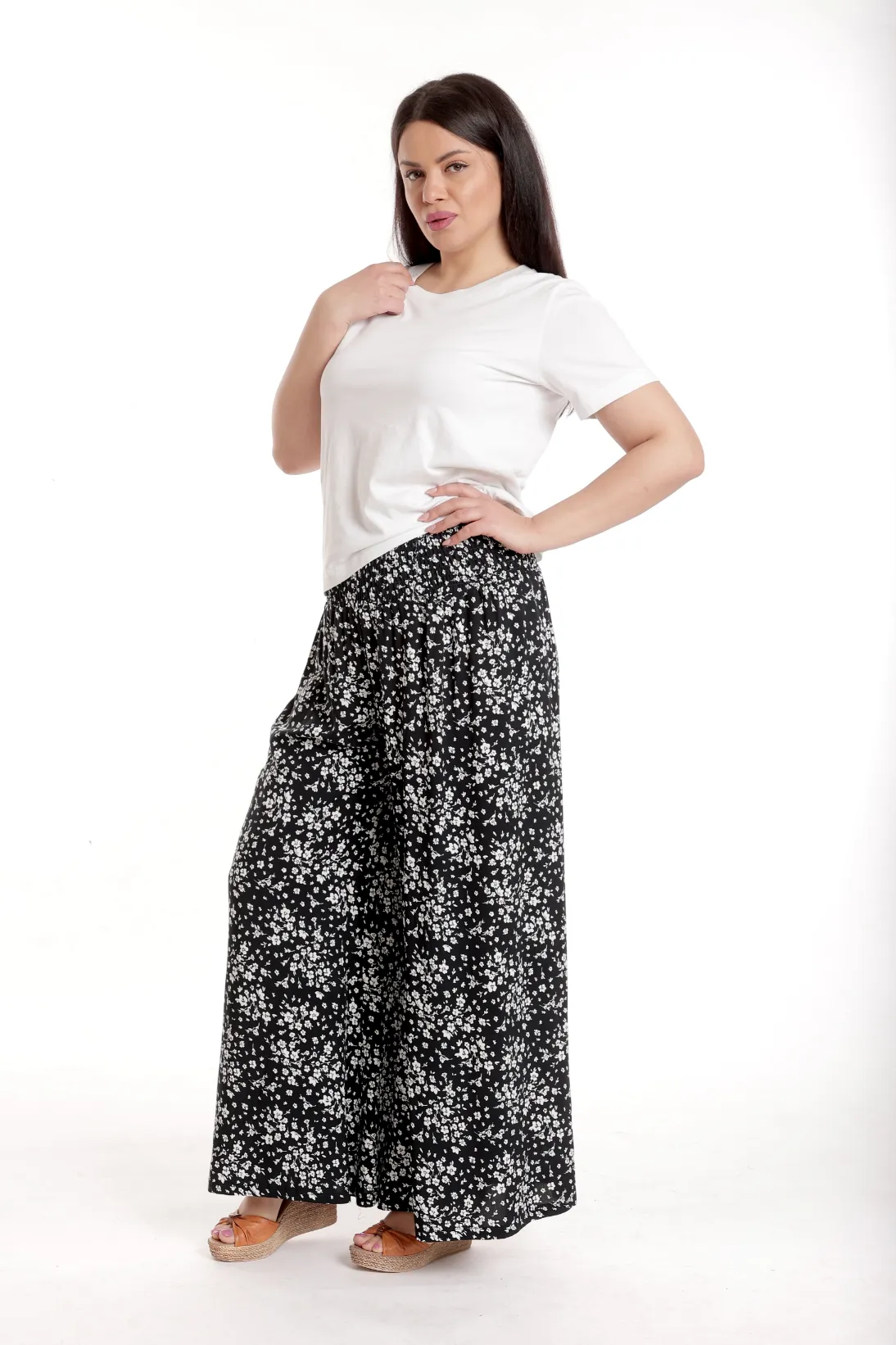 Pantaloni palazzo dama imprimeu floral alb/negru