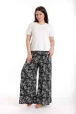 Pantaloni palazzo dama imprimeu floral alb/negru
