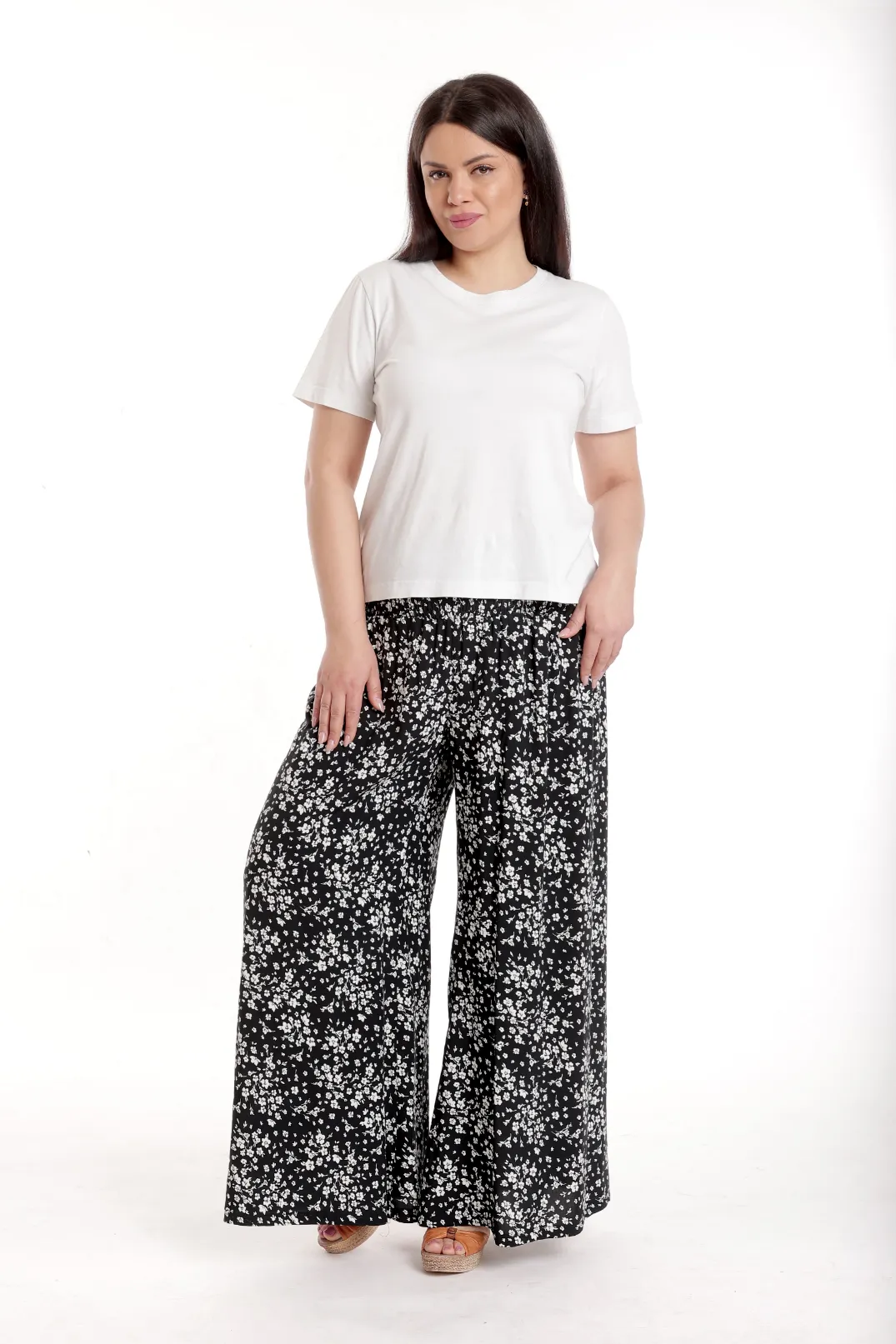 Pantaloni palazzo dama imprimeu floral alb/negru