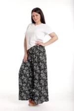 Pantaloni palazzo dama imprimeu floral alb/negru