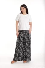 Pantaloni palazzo dama imprimeu floral alb/negru
