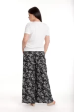 Pantaloni palazzo dama imprimeu floral alb/negru