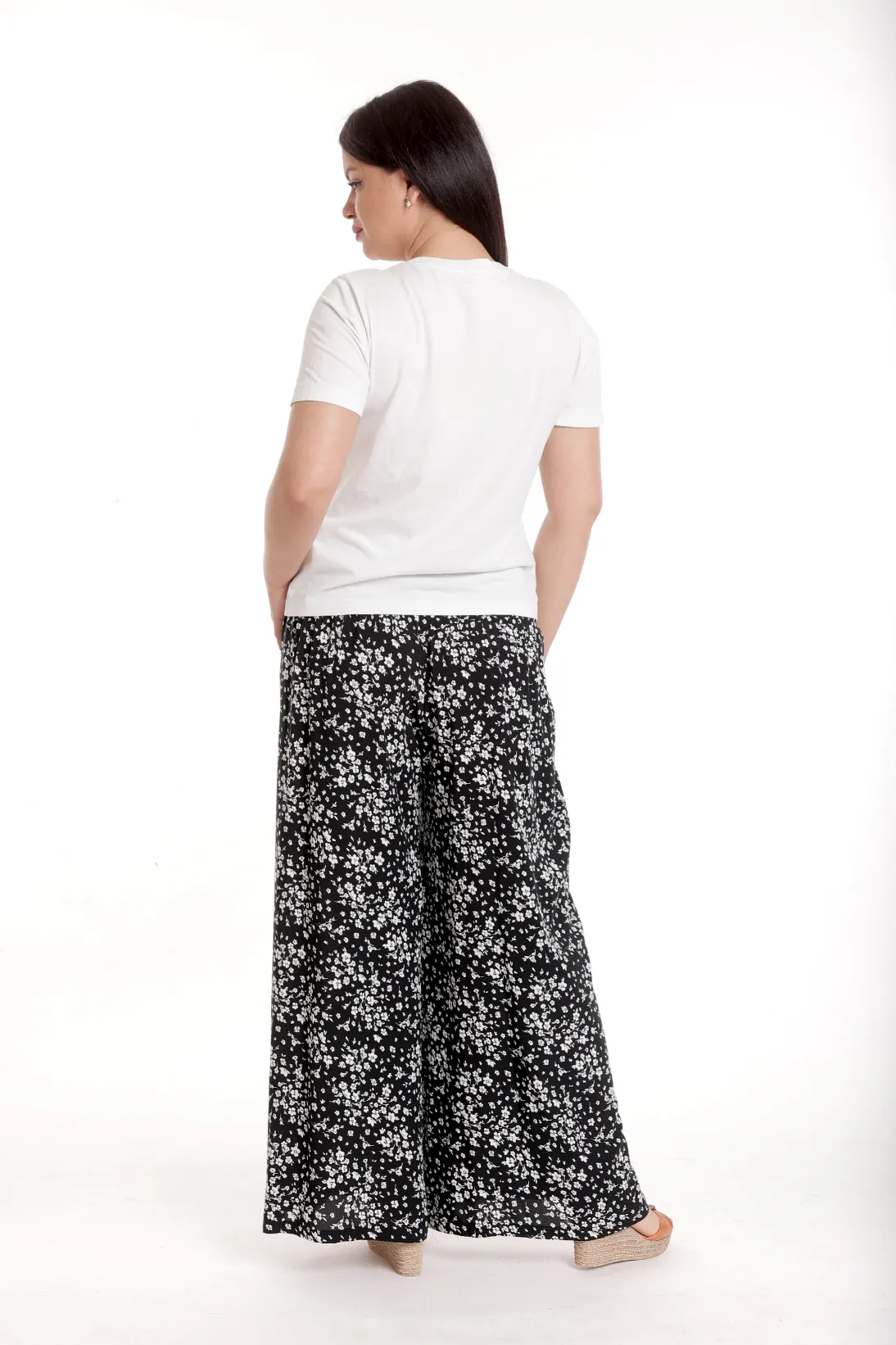 Pantaloni palazzo dama imprimeu floral alb/negru